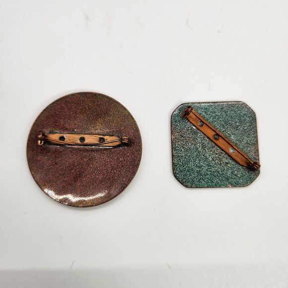 2 Large Copper Enamel Brooch Pins VTG Circle Octagon Shape Modernist MCM + Box - Picture 4 of 5